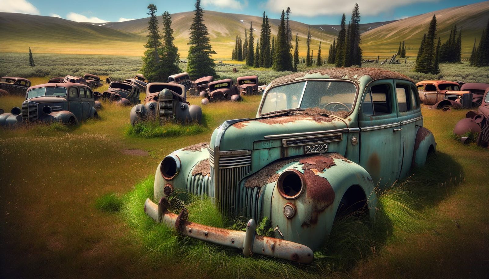 Forgotten Turquoise Automobile in a Rustic Meadow
