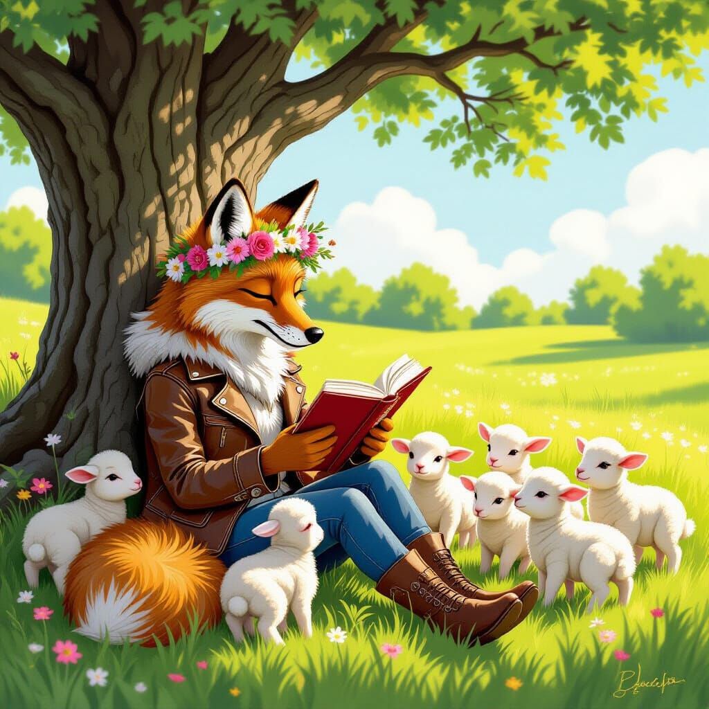 Coyote Reads Fairy Tales to Lambs Under Tree in Whimsical St...