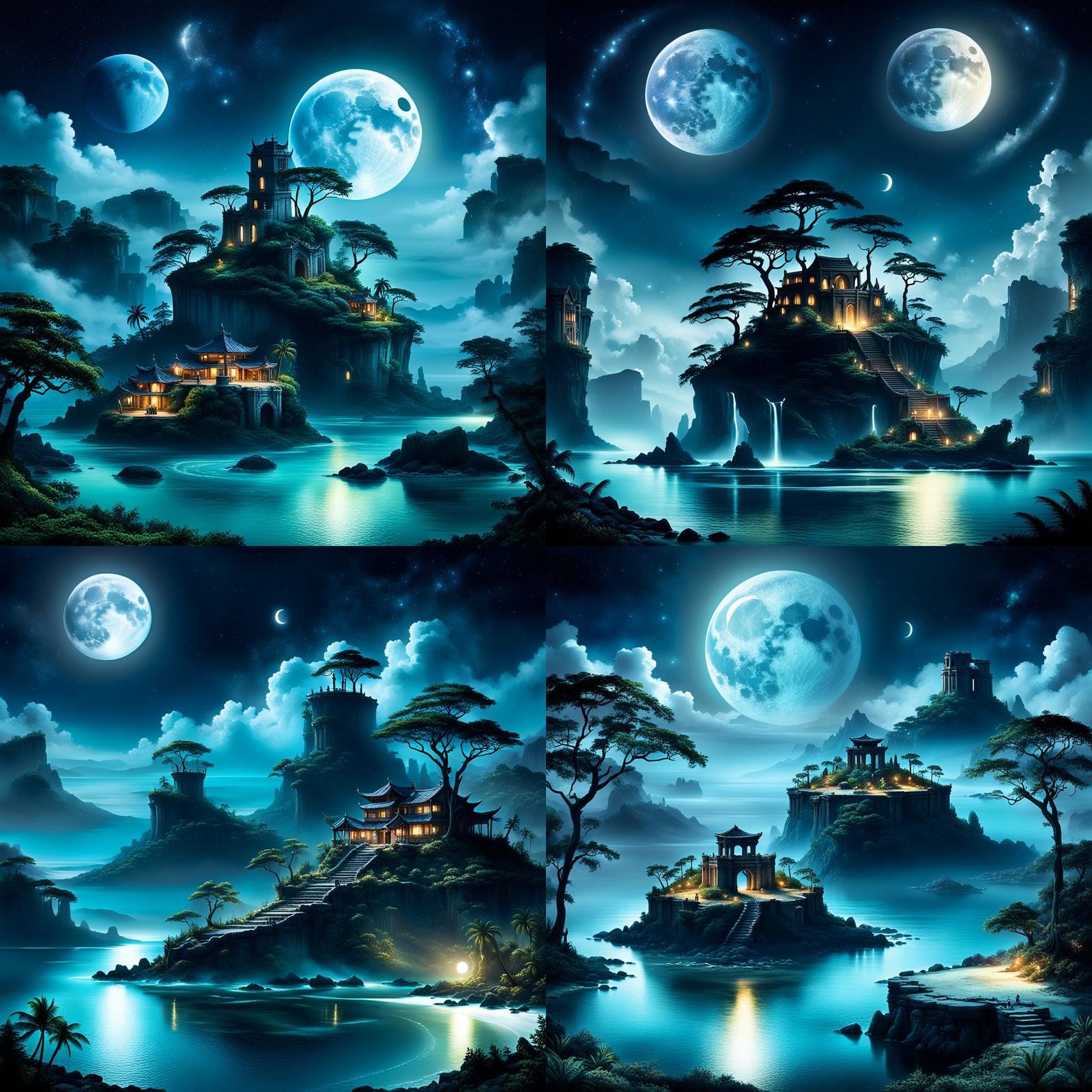 Mystical Island with Twin Moons in Enchanted Night
