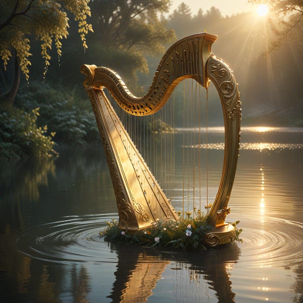 Majestic Harp Emerges from Lake: Fantasy Art