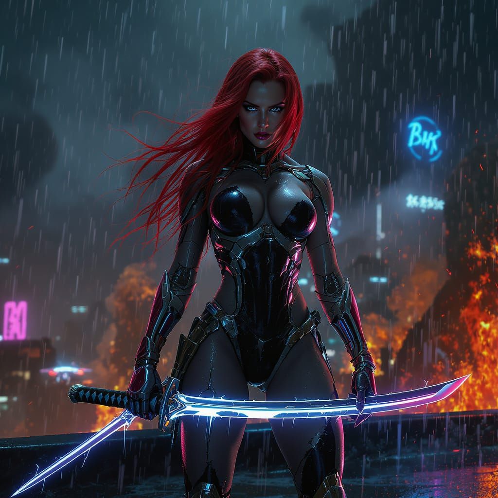 Cyborg Ninja with Katana on Neon Battlefield