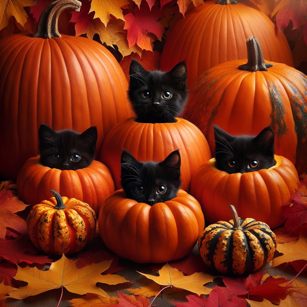 Autumnal Hiding: Black Cats Amongst Orange Pumpkins