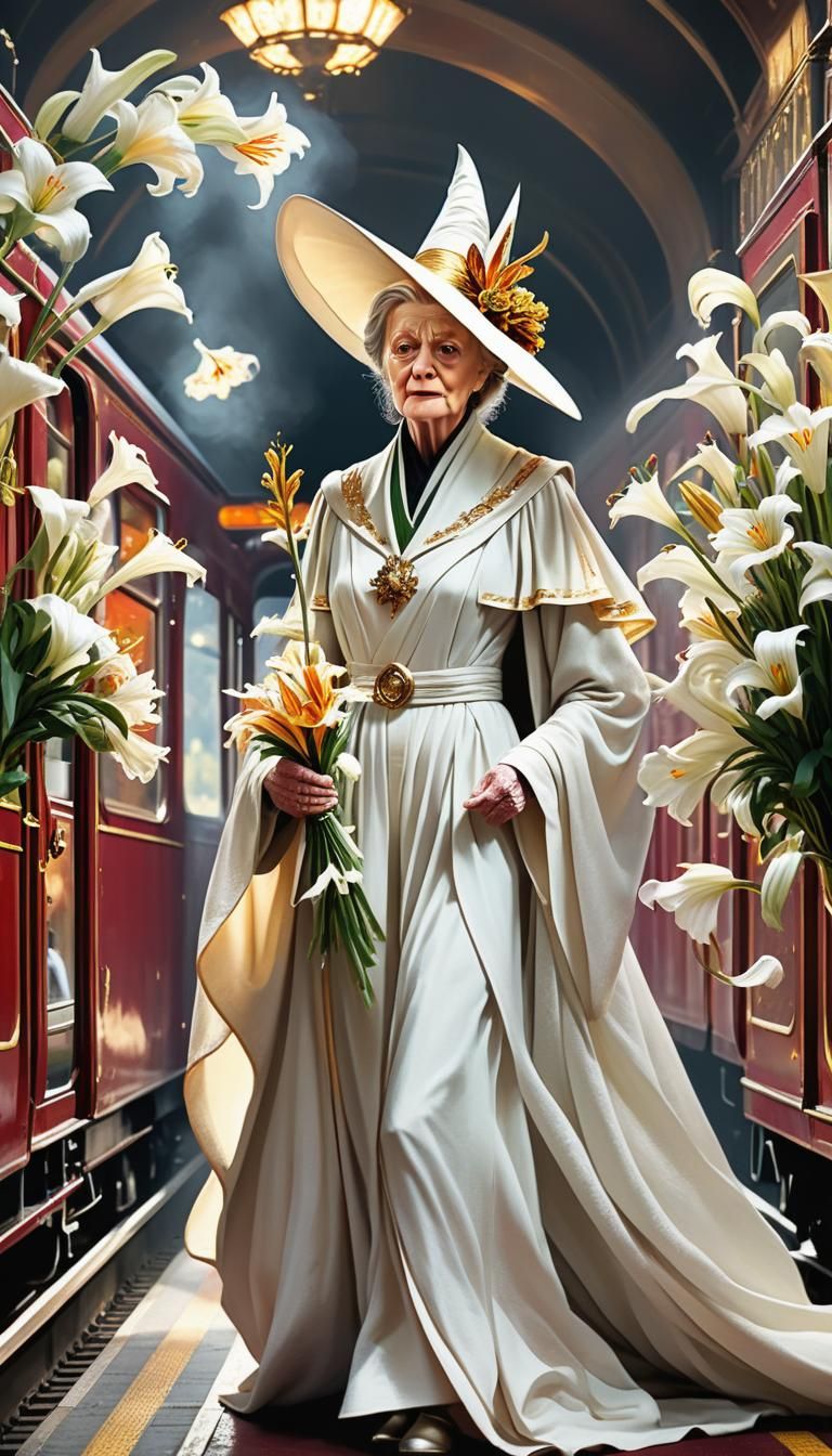 Maggie Smith as McGonagall in Elegant White Robe and Pointed...