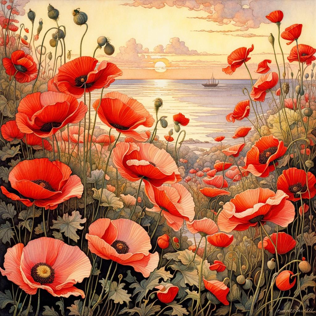 Poppies in Pink Evening Light: Detailed Floral Art