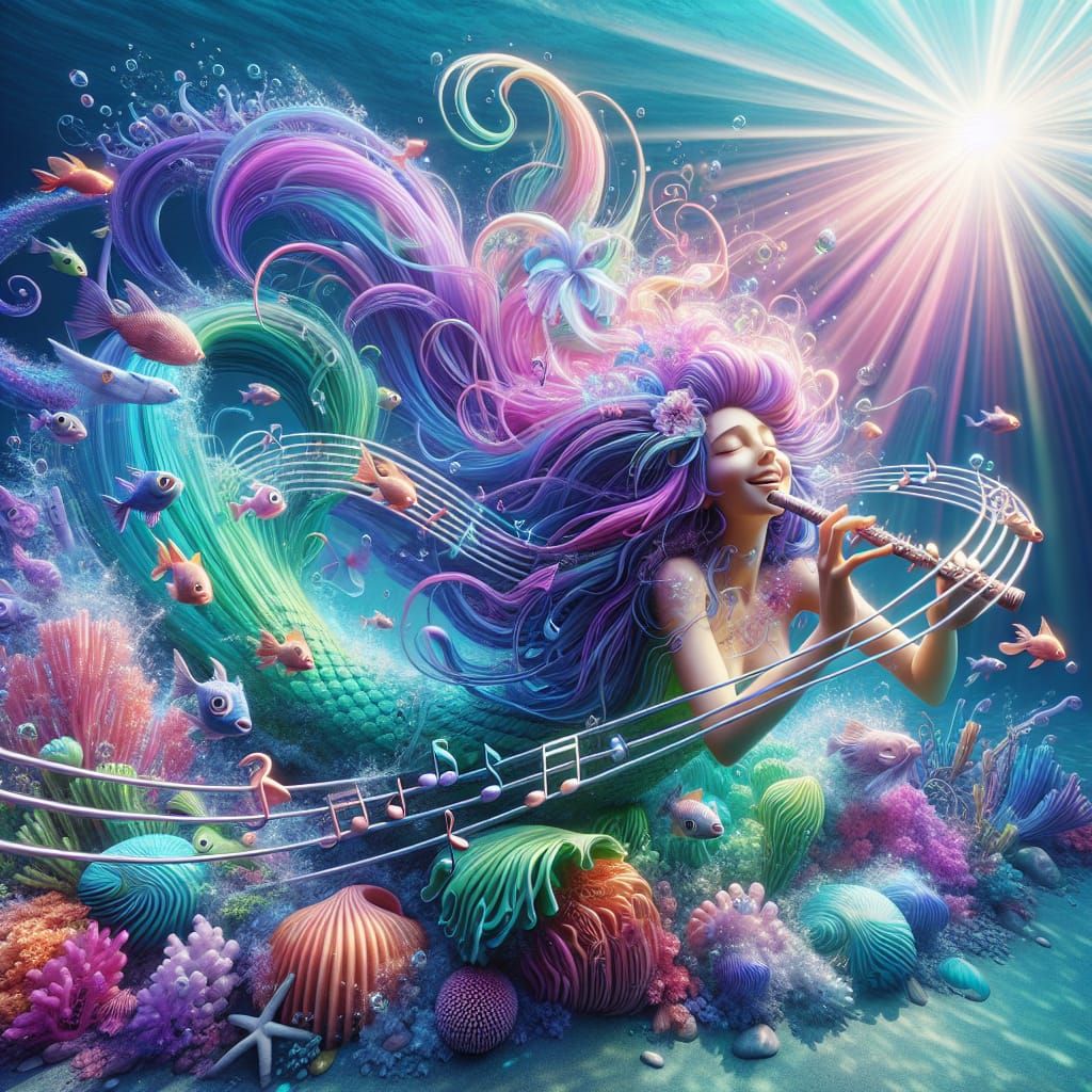 Mermaid Plays Enchanting Flute Under Azure Sea