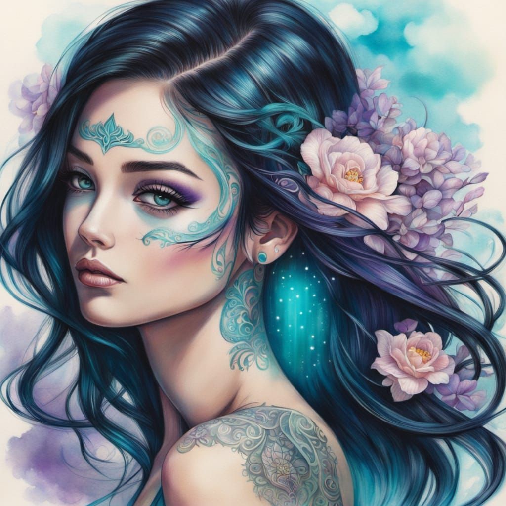 Beautiful Woman with Turquoise Eyes and Purple Highlights