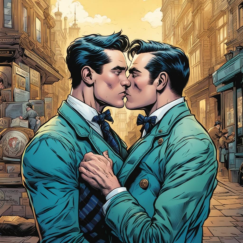 Vintage Scottish Men Kissing, Comic Book Art
