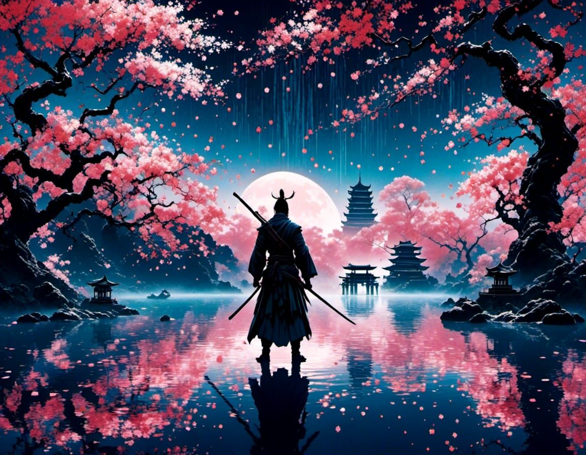 Sekiro Samurai Silhouette with Cherry Blossoms