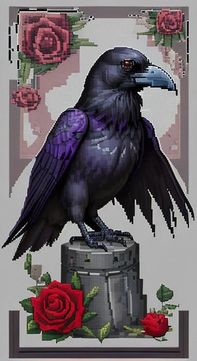 Raven, Rose, Tome, and Longsword in Pixel Art