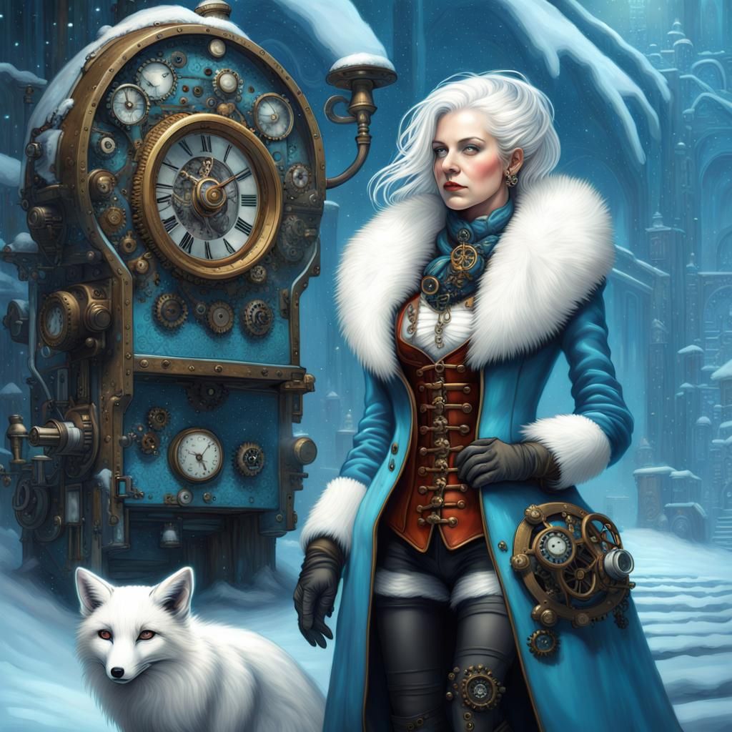 Steampunk Winter Lady with Clockwork Machine