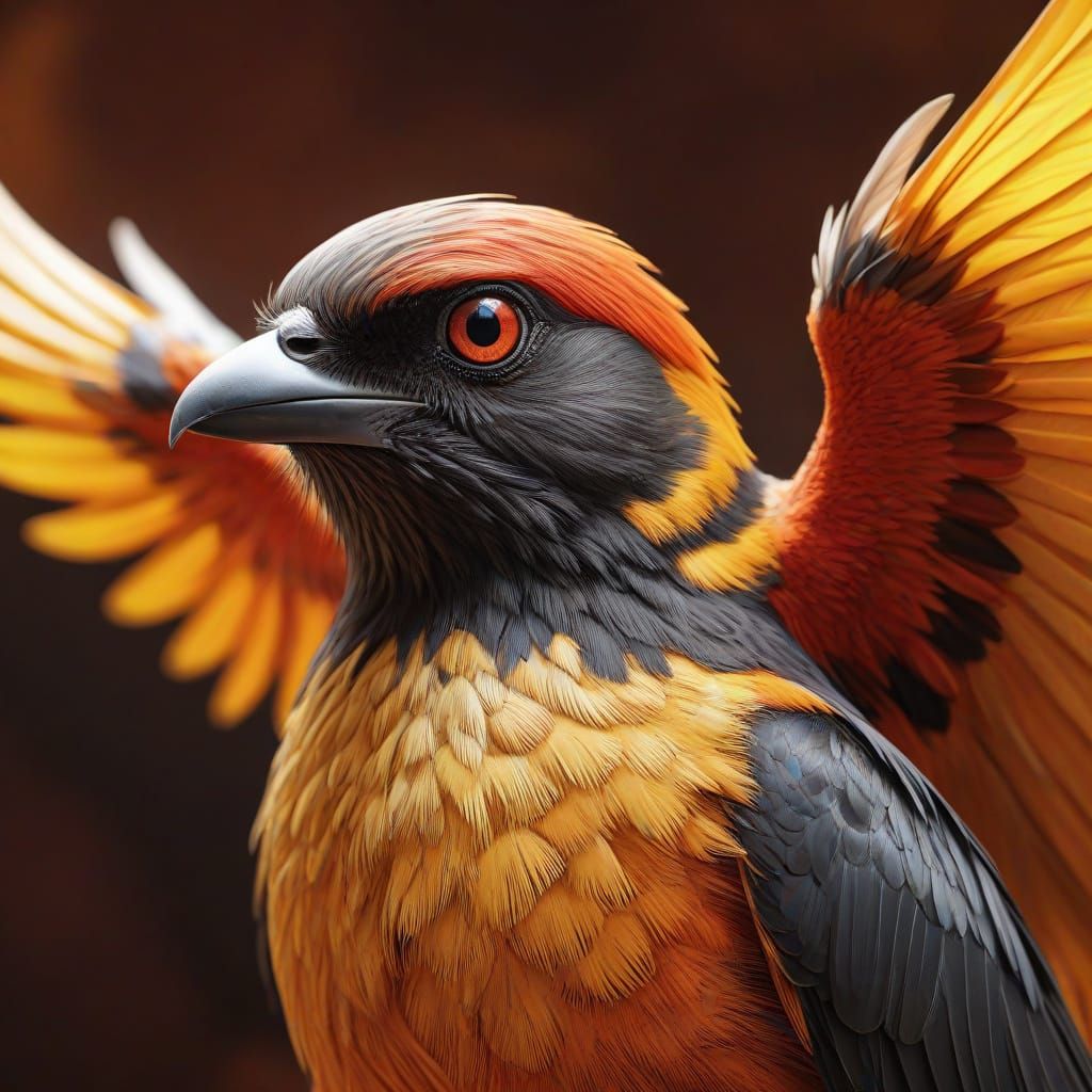 Framed Bird: Hyperrealistic Fantasy Art in Crimson and Gold