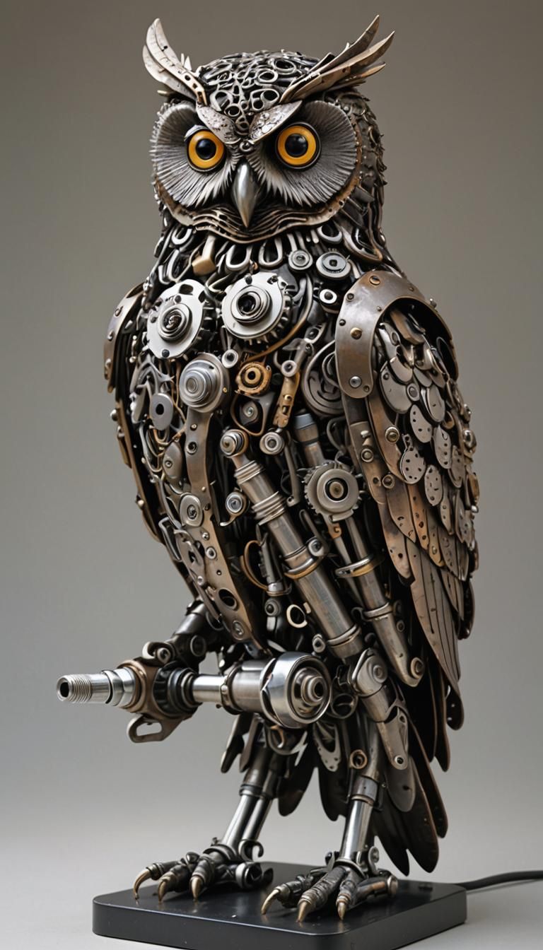 Great Owl Sculpture Assembled from Motorcycle Parts