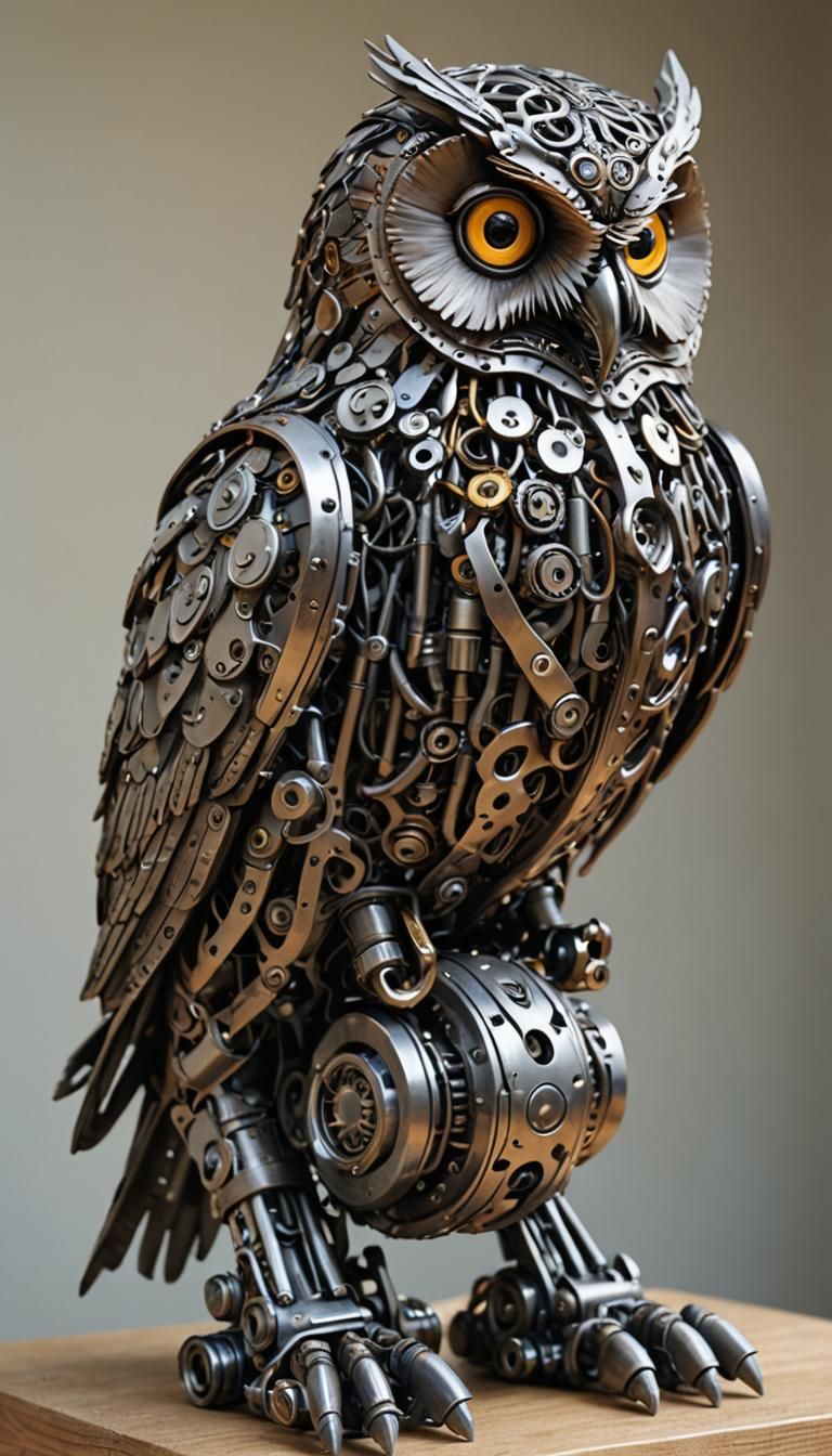 Owl Sculpture Assembled From Motorcycle Parts