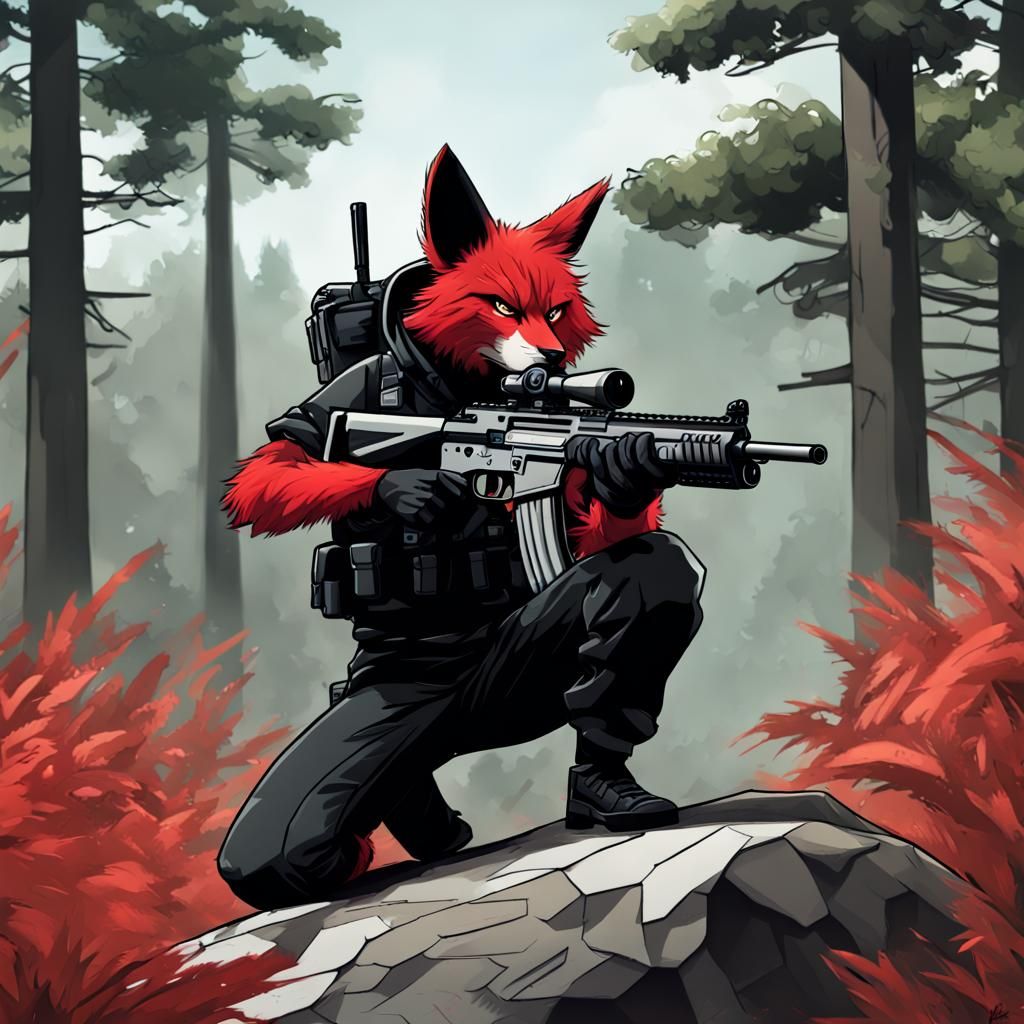 Furry Sniper in Forest Landscape, Digital Art