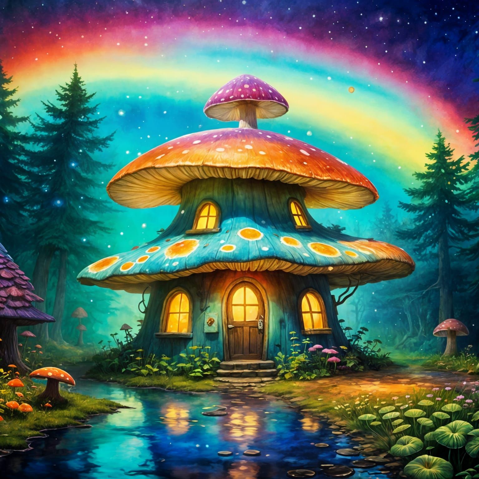 Enchanted Bioluminescent Forest in Gouache Style