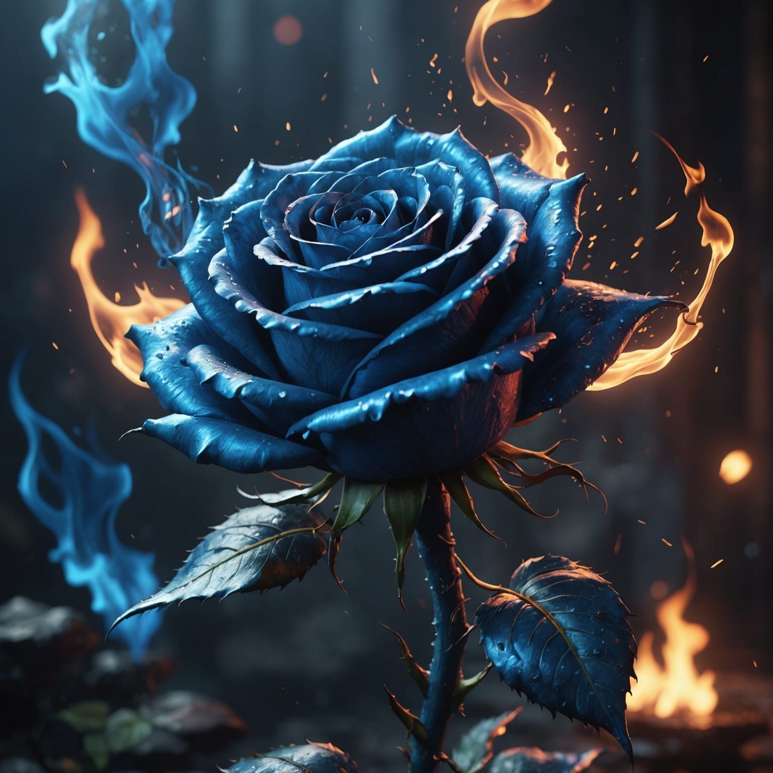 Blue Flame Rose: Detailed Matte Fantasy Art