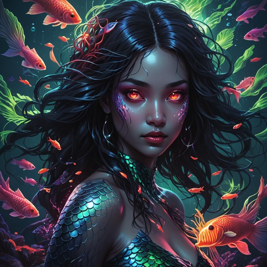Dark Fantasy Mermaid in Bioluminescent Ocean