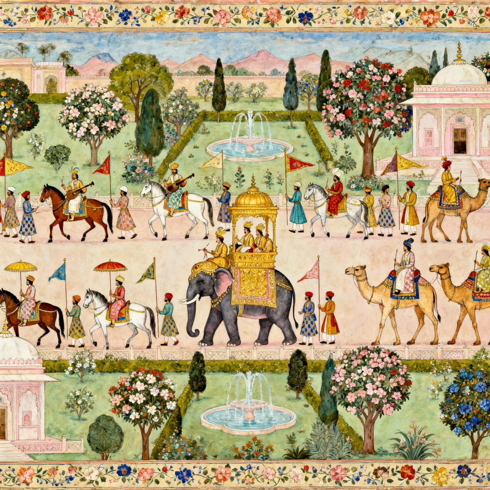 Mughal Miniature Style Panoramic Mural of Royal Procession