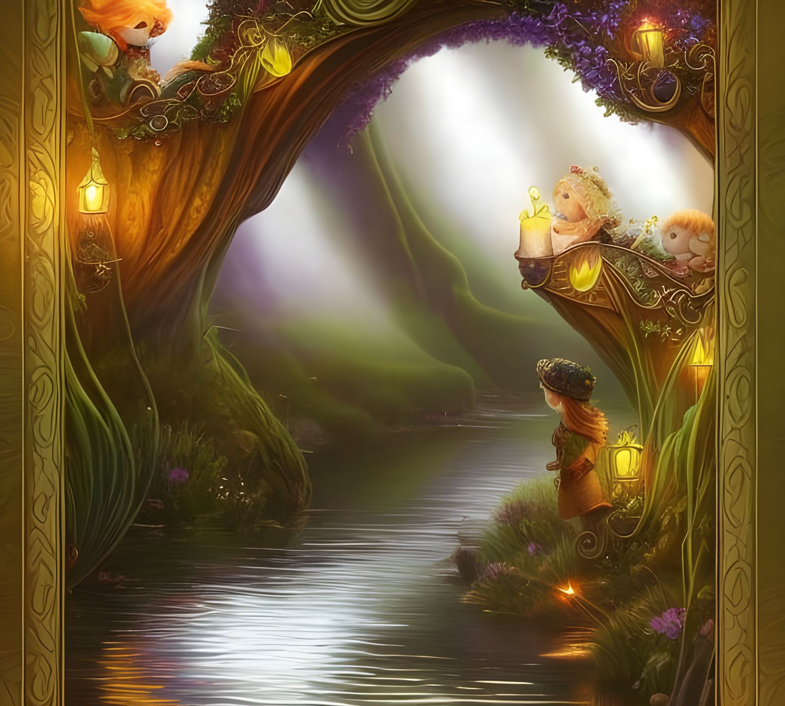 Gnomes on Magical River in Storybook Illustration Style