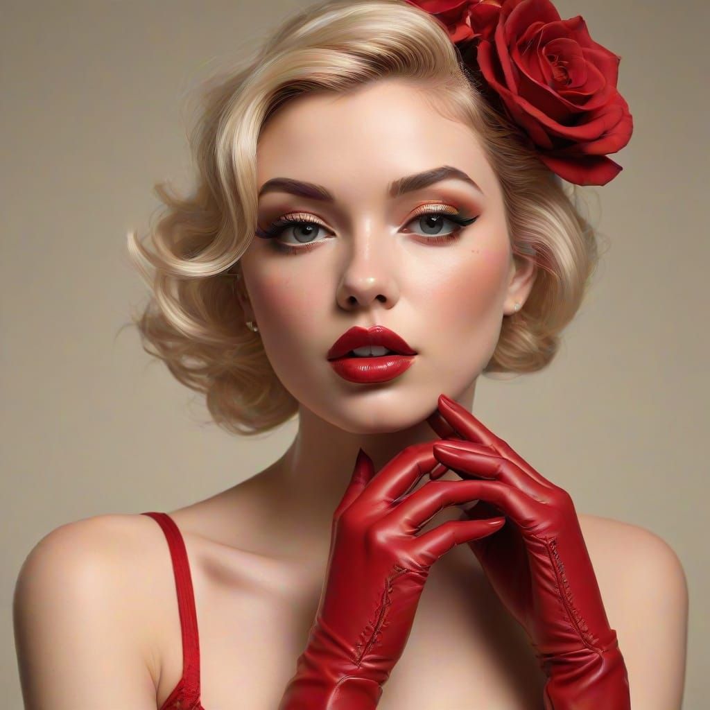 Sensual Pin-Up Goddess in Crimson, with Rose and Gloves