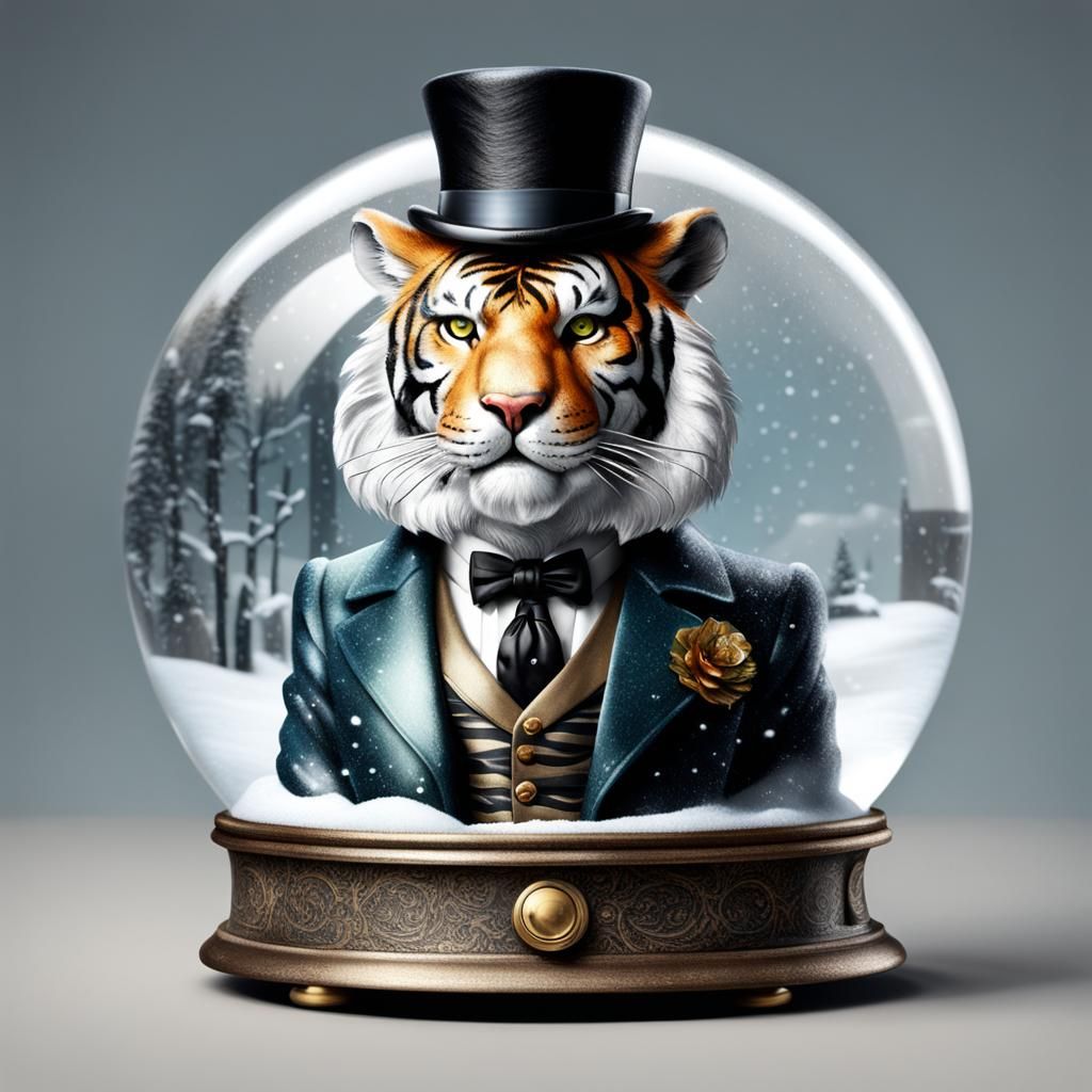 Tiger in Snow Globe: Photorealistic Anthropomorphic Art