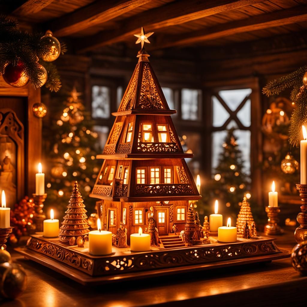 Ornate Wooden Christmas Pyramid in Germanic Folk Art