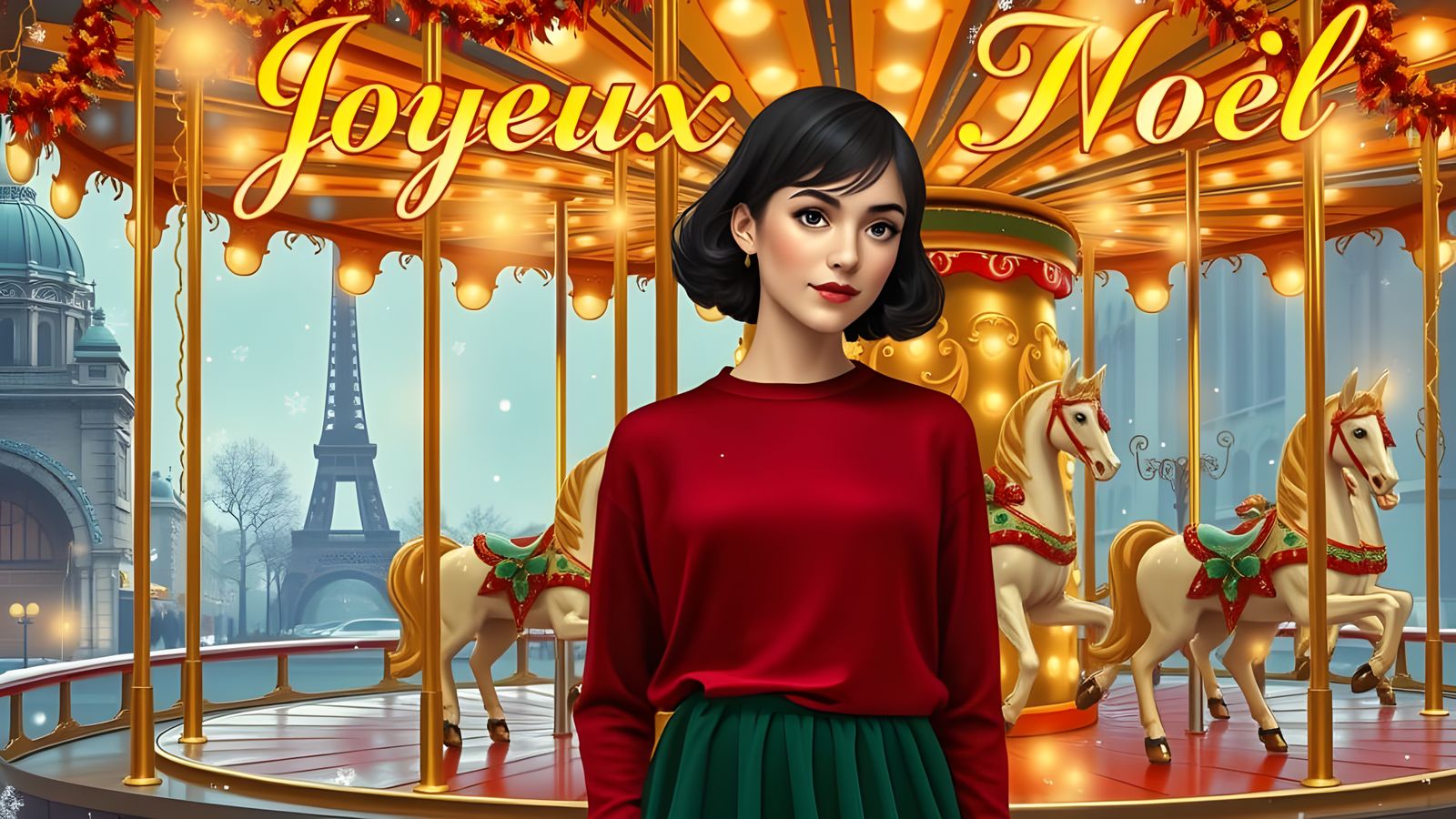 Amélie Poulain in Cartoon Style Beside Carousel