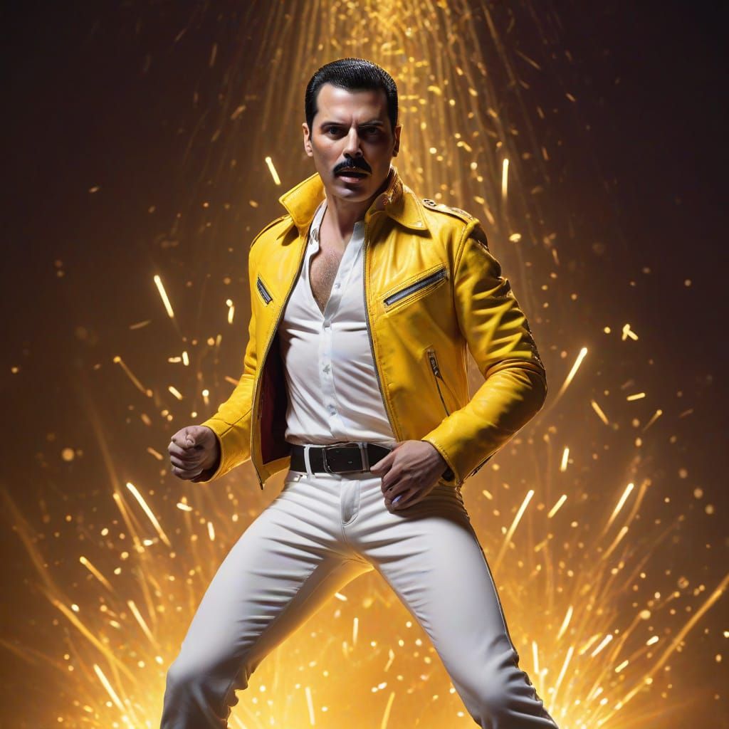 Freddie Mercury Rocks Electric Guitar on Grand Stage