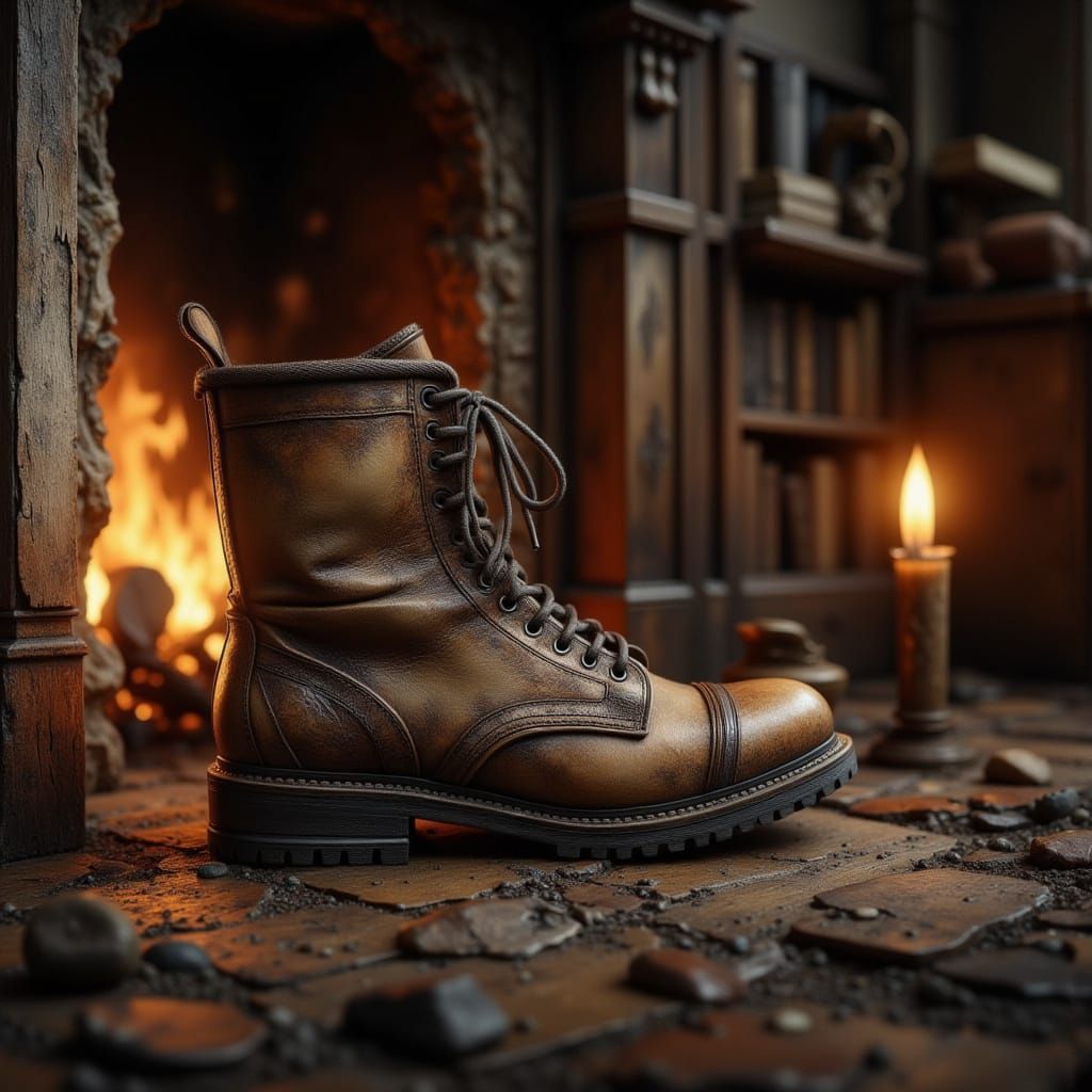 Old Leather Boot Slumbers by Fireplace in Vintage Photo Styl...