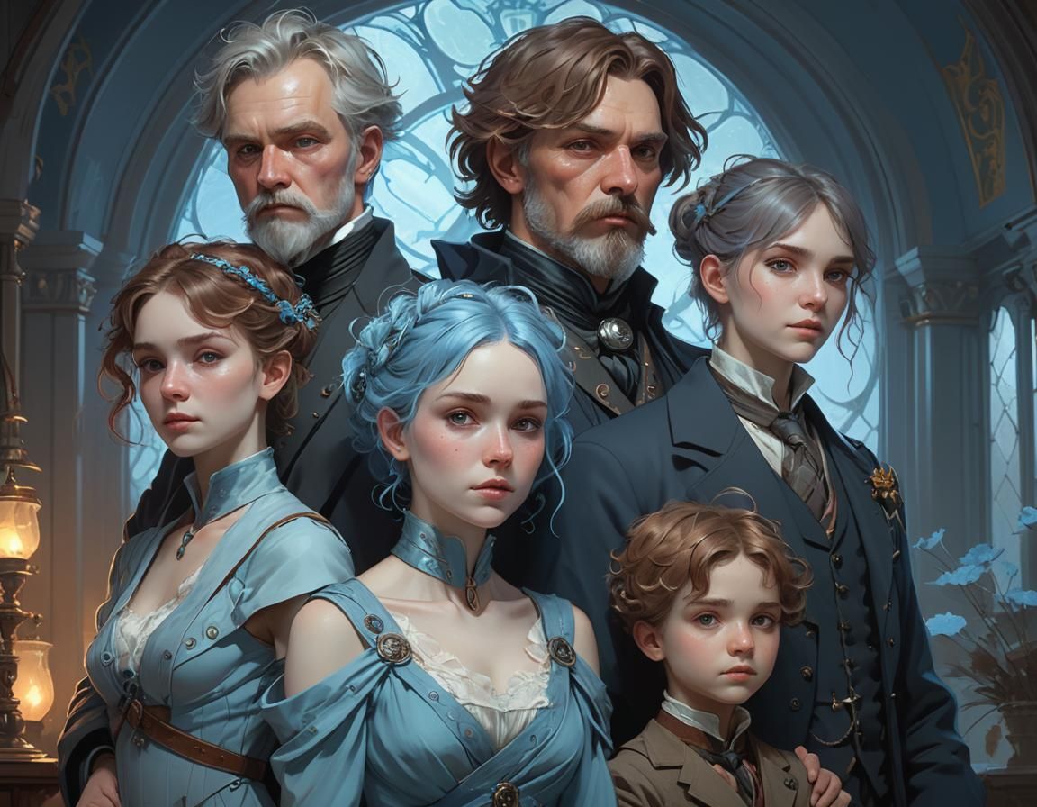 Pale Blue Scottish Family Portrait in Solarpunk Style