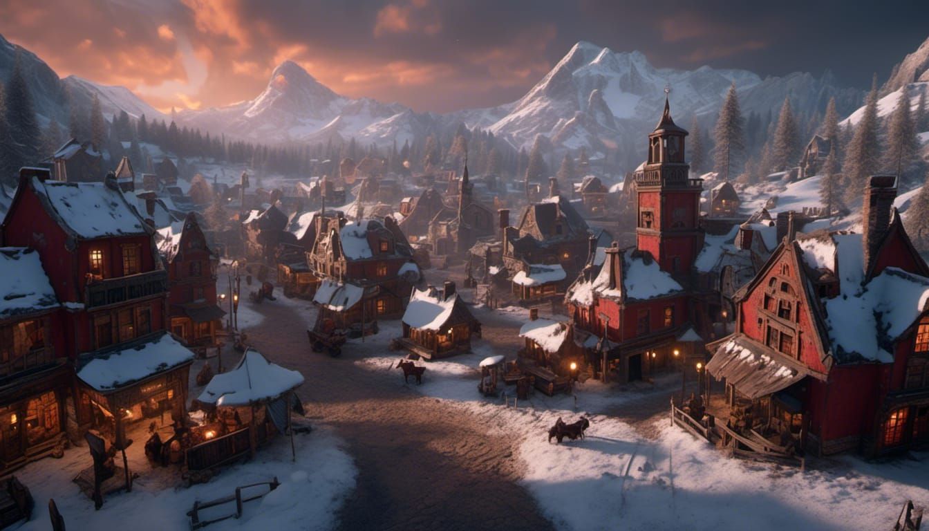 18th Century American Town at Evening Crossroads