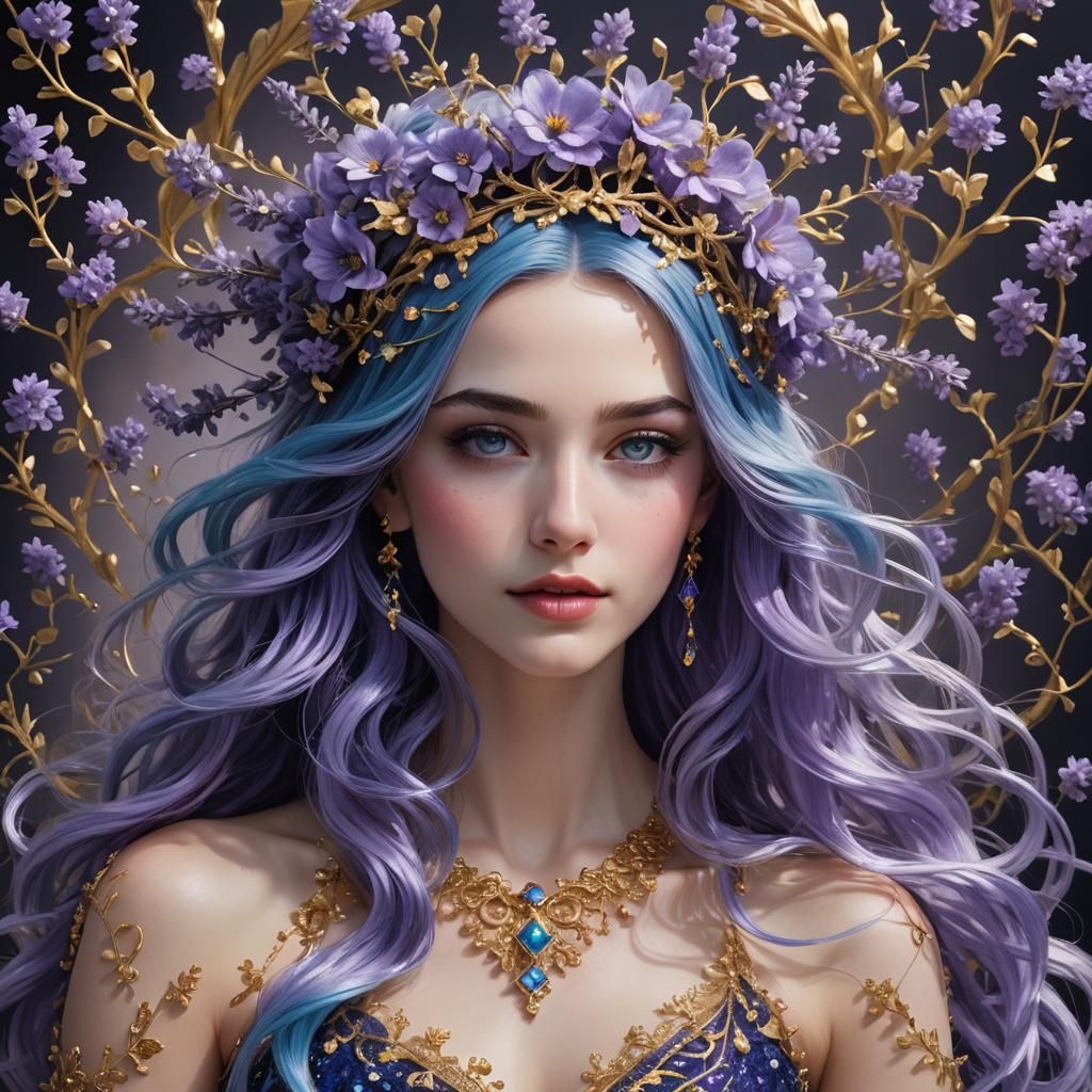 Anime Woman with Blue Hair and Flower Crown
