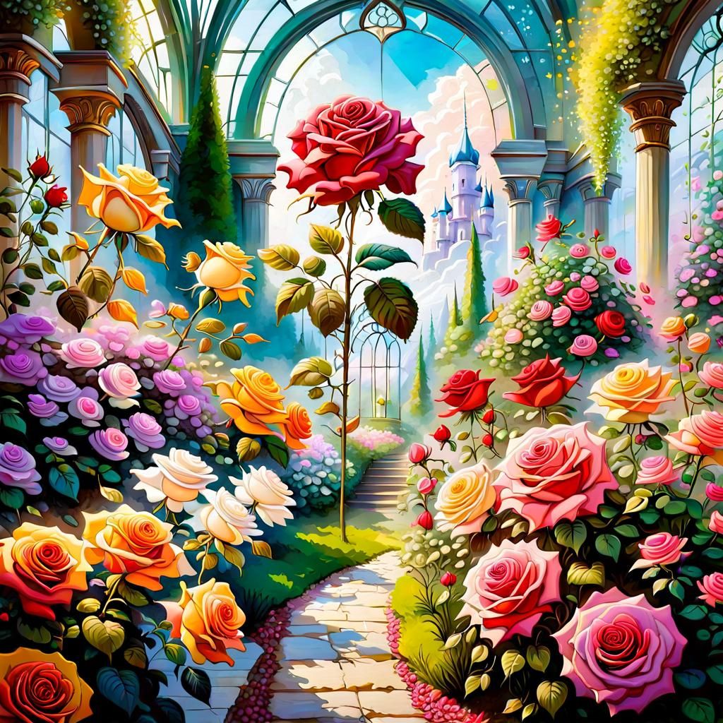 Whimsical Castle Greenhouse Rose Garden in Vibrant Bloom