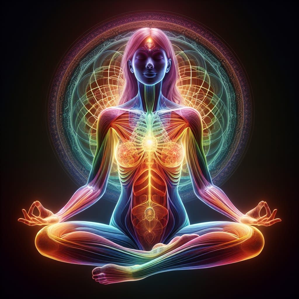 Mystical Rainbow Aura Emanating from Seated Woman