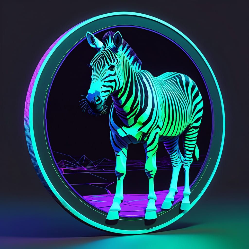 Futuristic Purple Zebra Unfolds from a Coin in Neon-Lit Low-...