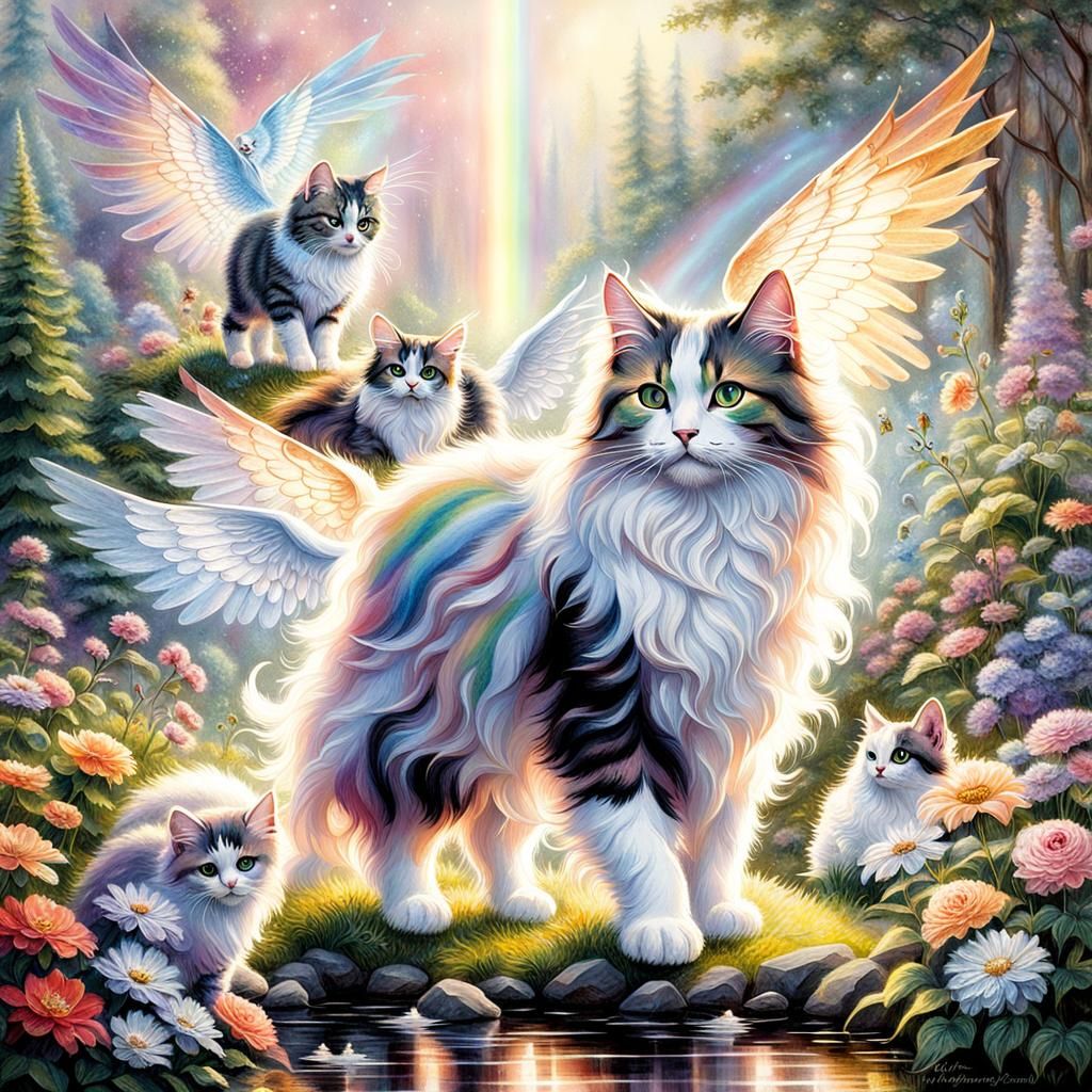 Rainbow Glitter Winged Cat and Kittens