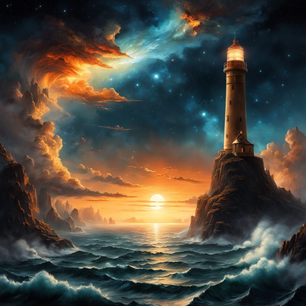 Oil Painting of Lighthouses in Cosmic Waterfall