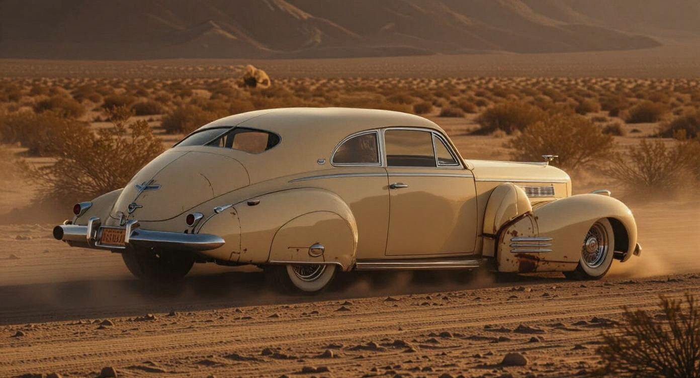 1940s Futuristic Aerodynamic Cadillac in Desert Golden Hour