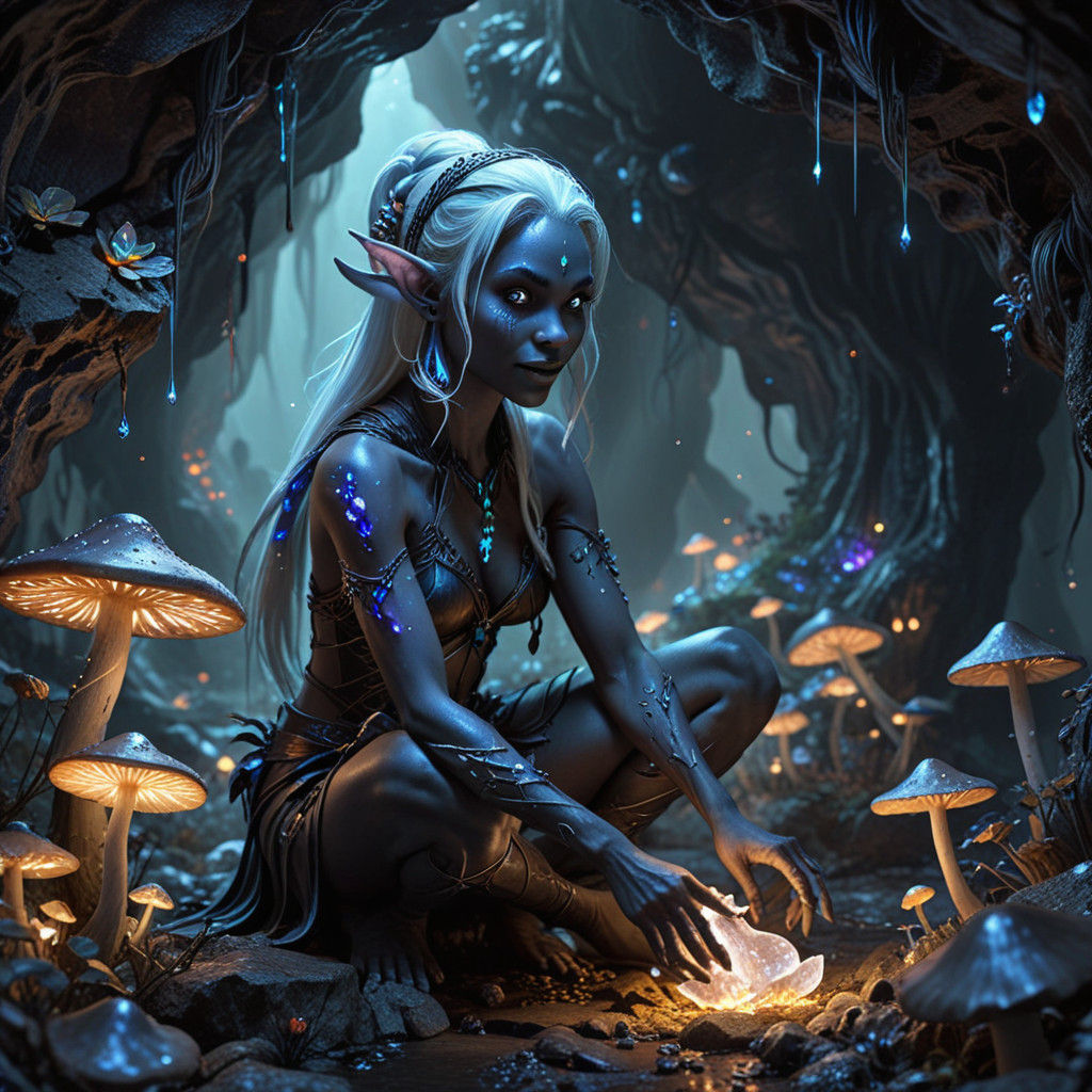 Glowing Drow in a Bioluminescent Cave