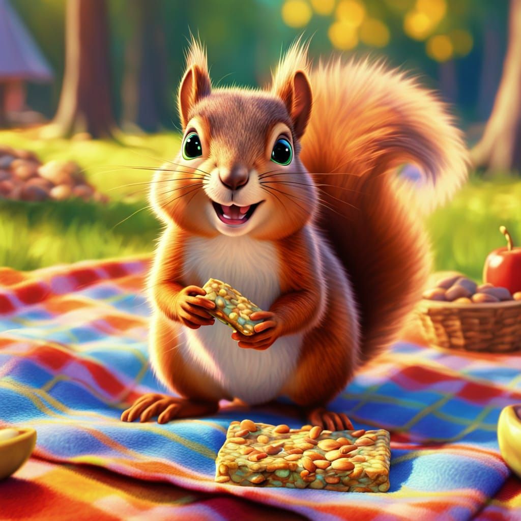 A mischievous squirrel stealing a peanut granola bar from a picnic blanket while no one is looking. Pixar, Disney, conce...
