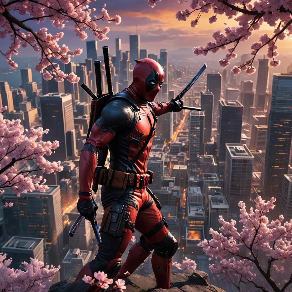 Deadpool in Serene Cityscape: Hyper-Realistic Digital Art