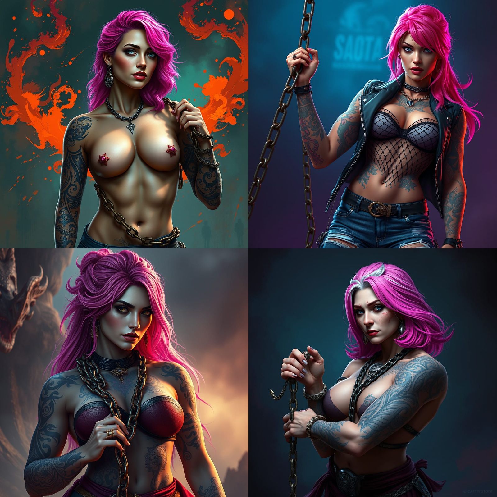 Tattooed Woman with Pink Hair Holding Chain