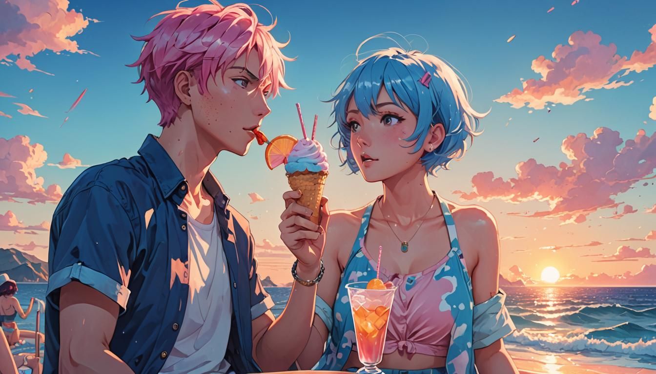 Vibrant Anime Beach Scene with Soda and Skewer