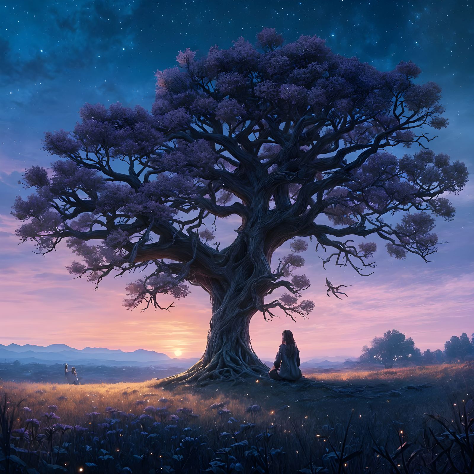Girl Under Tree at Dusk: Fantasy Concept Art