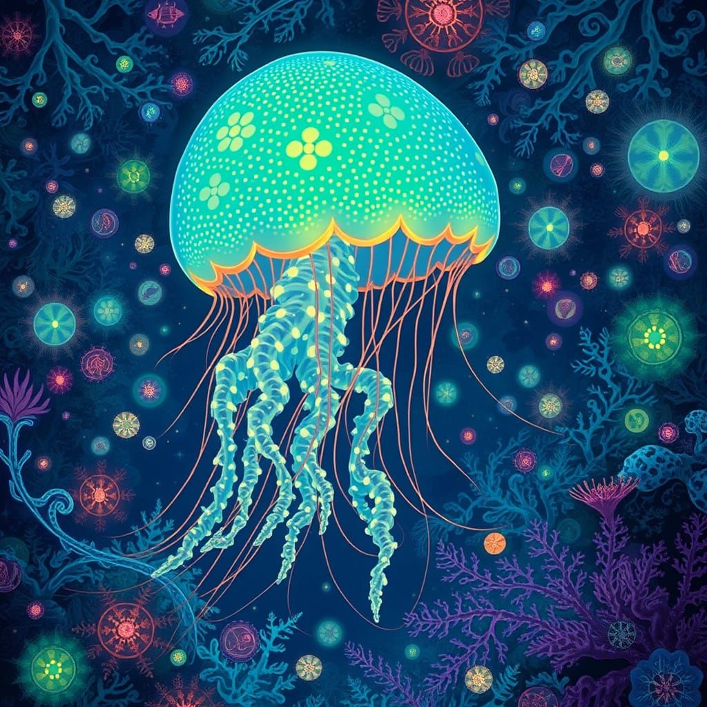 Bioluminescent Jellyfish in Dreamlike Underwater Forest