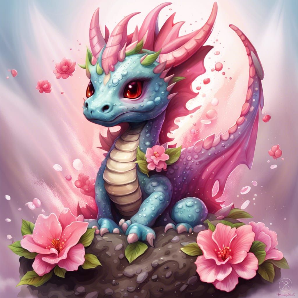 Baby Dragon with Flowers, Digital Art Style