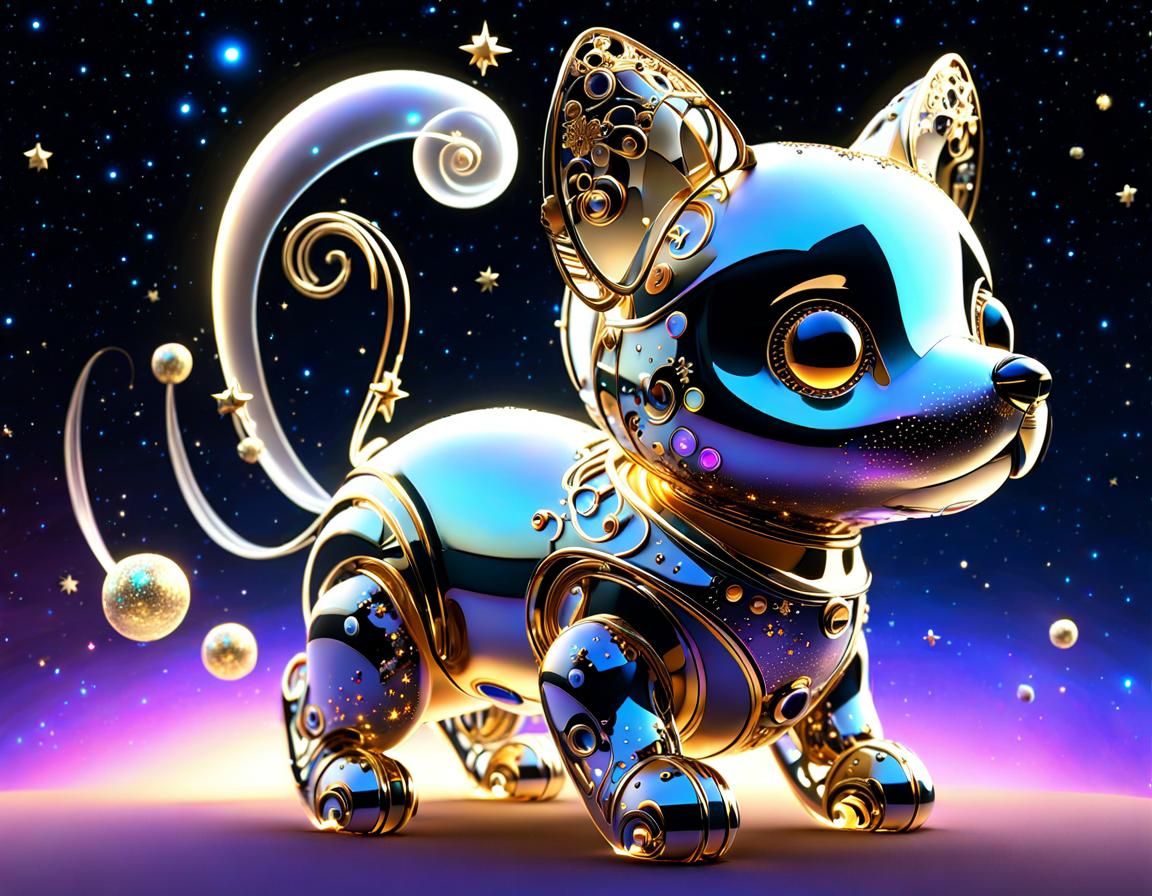 Cute Baby Robot Puppy in Starry Galaxy
