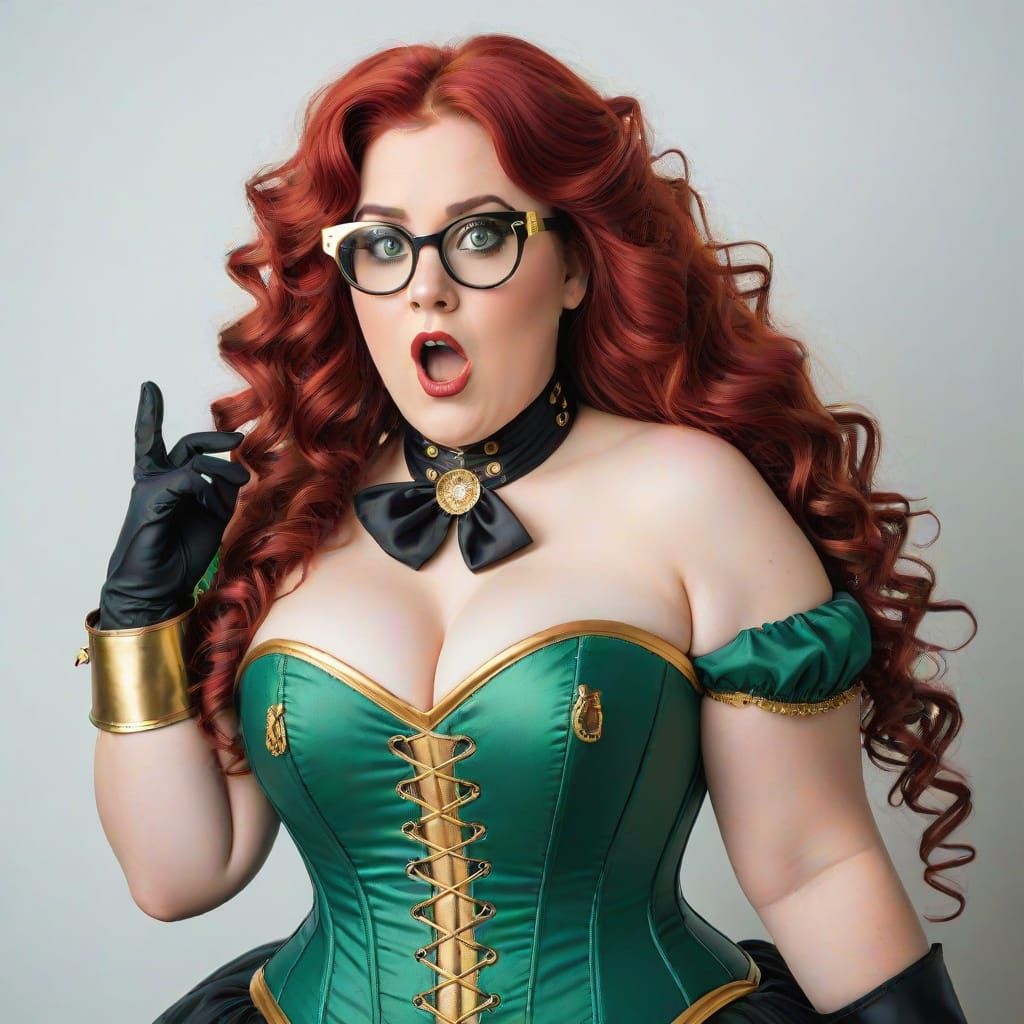 Plus-Size Cosplay Woman in Green Corset and Red Hair