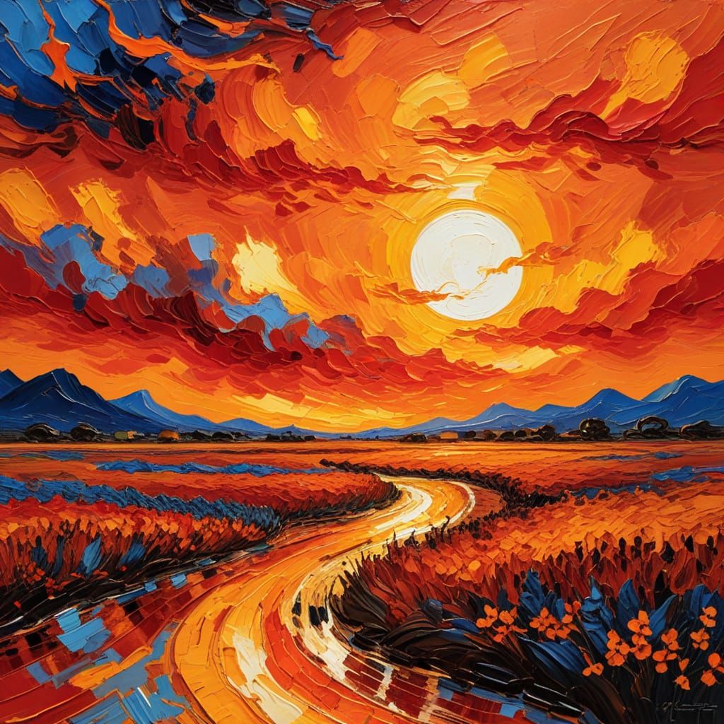 Impasto Oil Painting of a Blazing Orange Horizon