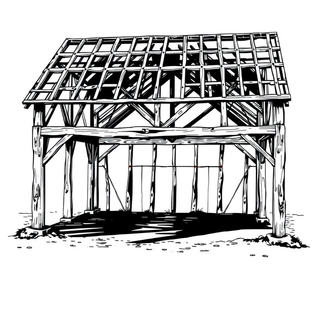 Rustic Timber Frame Barn in Woodcut Style